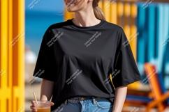 Woman holding drink on beach sunglasses summer Product Image 1