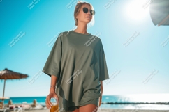 Woman holding drink on beach ocean yellow Product Image 1