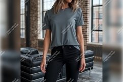 Woman In A Grey Tshirt Mockup Indoors Product Image 1