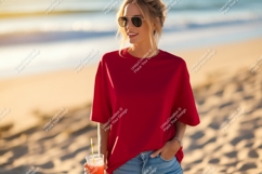 Red shirt woman beach drink image Product Image 1