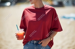 Crimson shirt blue jeans holding drink image Product Image 1