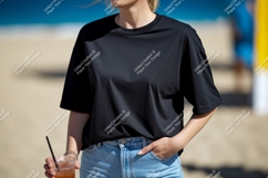 Black t shirt blue jeans beach drink image Product Image 1