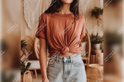 Woman Wearing Tshirt Mockup In Boho Setting Product Image 1