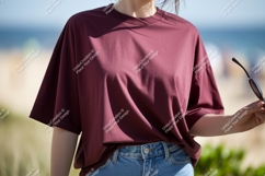 Maroon shirt blue jeans sunglasses beach image Product Image 1