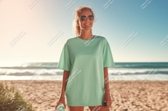 Woman wearing mint t shirt sunglasses beach image Product Image 1