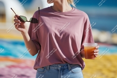 Pink shirt denim jeans sunglasses drink image Product Image 1