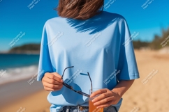 Blue shirt sunglasses drink beach image Product Image 1