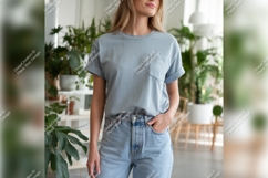 Woman Wearing Blue Tshirt Mockup Indoor Setting Product Image 1