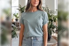 Woman Wearing Tshirt Mockup Indoor Setting Product Image 1