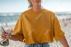 Mustard shirt denim jeans beach woman Product Image 1