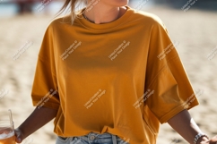 Woman wearing mustard yellow t shirt casual Product Image 1