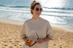 Woman holding drink sunglasses beach sand Product Image 1