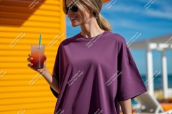 Woman holding drink wearing purple shirt sunglasses Product Image 1