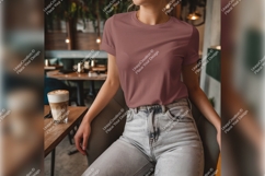 Rose Tshirt Mockup Woman At Coffee Shop Product Image 1