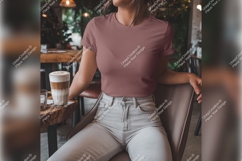 Woman Wearing Tshirt Mockup In Cafe Product Image 1