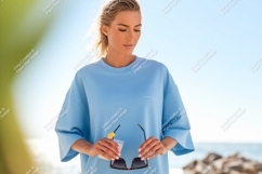 Woman holding drink sunglasses beach summer Product Image 1