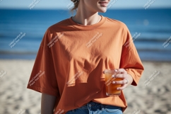 Orange shirt woman holding drink glass Product Image 1