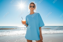 Woman holding drink on beach ocean sunglasses Product Image 1