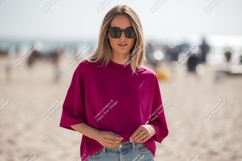 Woman pink shirt sunglasses beach image Product Image 1