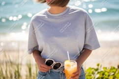 Gray t shirt mockup beach drink image Product Image 1
