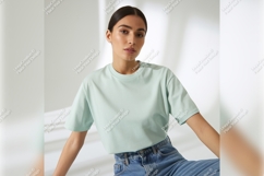 Woman In Light Green Tshirt Mockup Product Image 1