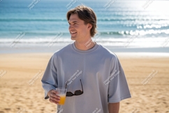 Man holding drink on beach sunglasses ocean Product Image 1