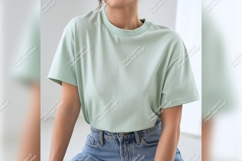 Woman Wearing A Light Green Tshirt Mockup Product Image 1