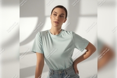 Woman Wearing Light Blue Tshirt Mockup Jeans Product Image 1