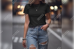 Woman Wearing Black Tshirt Mockup In City Product Image 1