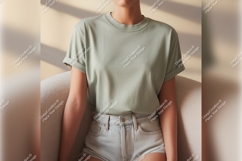 Woman In Sage Green Tshirt Mockup Product Image 1