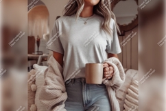Woman With Coffee Grey Tshirt Mockup Product Image 1
