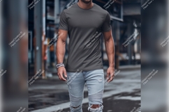 Man Wearing Blank Gray Tshirt Mockup Outside Product Image 1