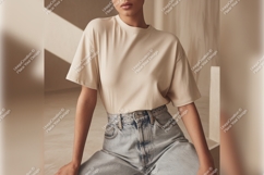 Woman In Beige Tshirt Mockup And Jeans Product Image 1