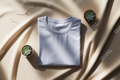 Light blue t shirt with succulent plants and necklace Product Image 1