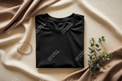 Black TShirt Mockup With Jewelry and Foliage Product Image 1