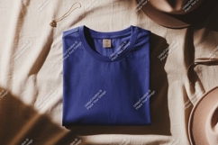 Folded blue t shirt with gold necklace and hats Product Image 1