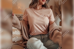 Woman Wearing Tshirt Mockup In Cozy Setting Product Image 1