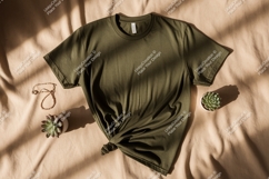 Olive green t shirt mockup with plants and jewelry Product Image 1