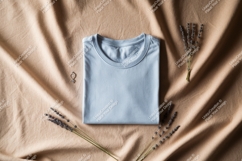 Folded light blue t-shirt with lavender and jewelry Product Image 1