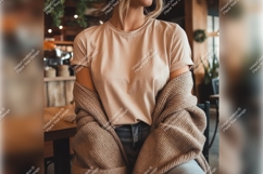 Woman Wearing Tshirt Mockup And Cardigan Inside Product Image 1