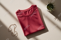 Folded red t shirt with jewelry and plant image Product Image 1