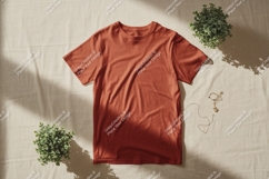 Terracotta t shirt with green plants and gold necklace Product Image 1