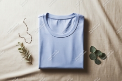 Folded blue t shirt with necklace and leaves mockup Product Image 1