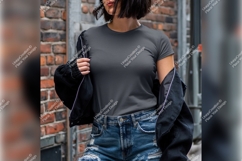 Woman Wearing Grey Tshirt Mockup With Jeans Product Image 1