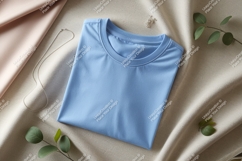 Blue t shirt with silver necklace and eucalyptus mockup Product Image 1