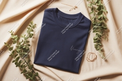 Navy t shirt with delicate jewelry and greenery mockup Product Image 1