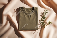 Olive green t shirt with gold chain and plant clothing Product Image 1