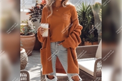 Woman In Cardigan Holding Iced Latte Tshirt Mockup Product Image 1