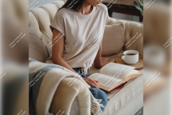 Woman Reading Book On Couch Tshirt Mockup Product Image 1