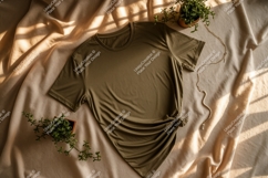 Olive green t shirt draped with plants and jewelry Product Image 1